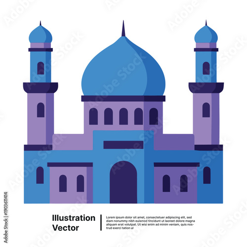 An illustration of a mosque with a large dome and minarets viewed from the front
