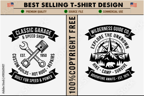 Vintagestyle emblems for automotive and outdoor themes featuring classic garage and wilderness guide designs with bold typography and isolated on transparent background