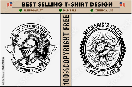 Vintagestyle emblems with knight helmet and crossed swords and mechanic hand holding wrench and spanner tools on transparent background