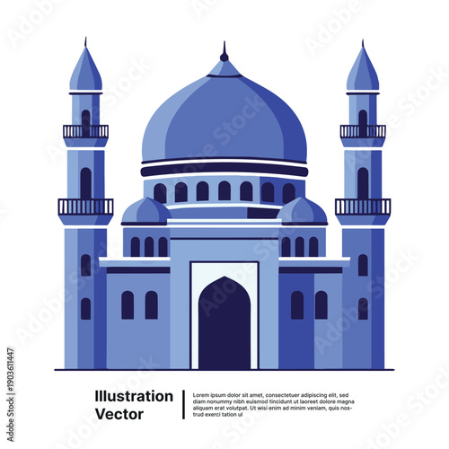 Serene Mosque Illustration with Domes and Minarets Depicting Islamic Architecture in Vector Format