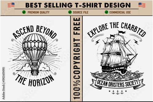 Vintagestyle hot air balloon and pirate ship illustrations with inspirational quotes and banners on transparent background for tshirt design and adventure theme