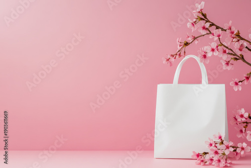 White shopping bag on soft pink background with blooming cherry blossom branches. Clean and elegant composition with copy space, for branding, retail concepts, seasonal promotions, spring sales