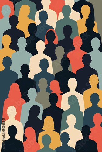 Abstract Diverse Crowd Silhouette Pattern with Colorful People Icons