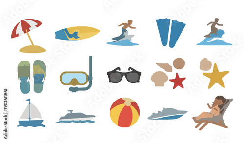 Summer beach vacation flat vector icons set isolated on white background