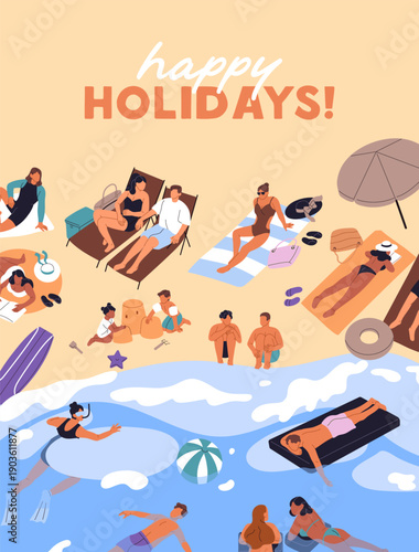 Poster design of summer vacations at sea resort. Template with people sunbathing on sand beach and swimming in water. Tourists crowd has a rest, gets sun tan on ocean coast. Flat vector illustration.