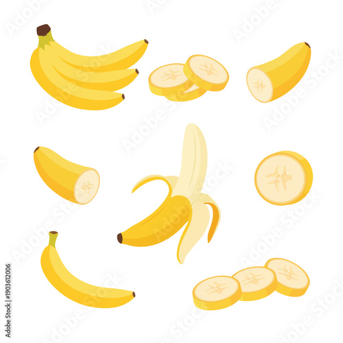 Banana Fruit Set with Slices and Peeled Banana – Fresh Yellow Banana Flat Vector Illustration