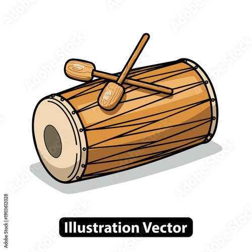 Vector illustration of a wooden drum with mallets on a plain surface viewed from the side