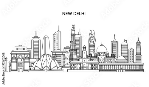 New Delhi city skyline line vector illustration with famous landmarks