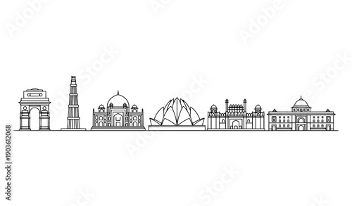 New Delhi skyline line icon set with famous city buildings