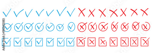 Check tick mark icon set. Cross box x check mark checkbox v list draw hand drawn sketch doodle brush marker checklist symbol wrong right circle. Illustratio