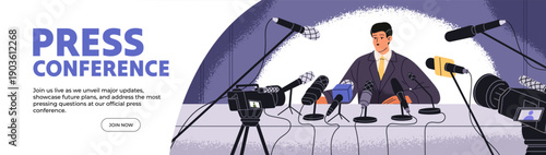 Web banner design with press conference promotion. Advertising template of convention with politician speaking with microphones. Journalists interview business man for news. Flat vector illustration.