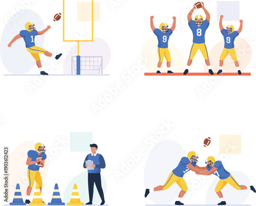 American football players in action, tackling, throwing, and celebrating on the field with a coach observing the game