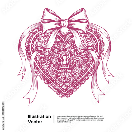 A pink ornate heart-shaped locket with a keyhole and ribbon bow vector illustration