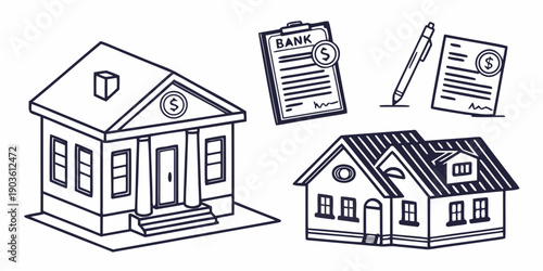 A charming illustration of three different types of houses with distinct architectural styles.