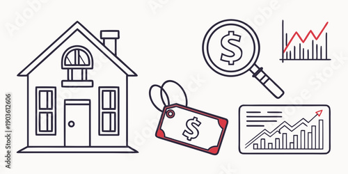 Illustrations of a house, magnifying glass, price tag, and graphs representing real estate investment.