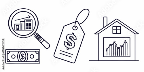 Illustrations of various financial and real estate related icons.