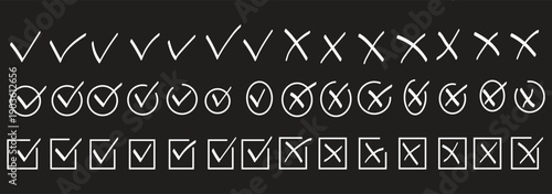 Check tick mark icon set. Cross box x check mark checkbox v list draw hand drawn sketch doodle brush marker checklist symbol wrong right circle. Illustratio
