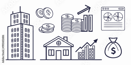 Illustrations of various buildings and financial elements representing real estate investment.