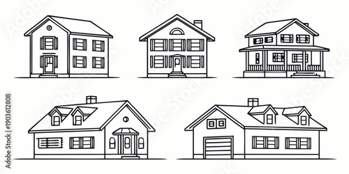 A diverse collection of six different house designs with varying architectural styles