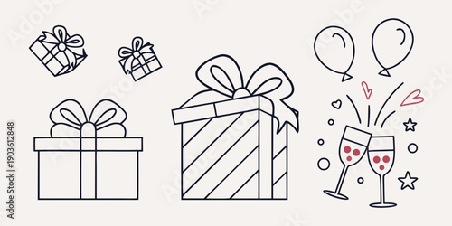 A delightful assortment of gifts and celebratory items in a whimsical style.