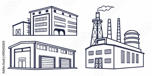 A detailed illustration of various industrial buildings and factories.