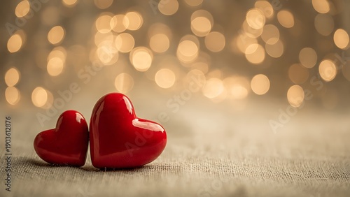 Two Red Hearts on Table with Bokeh Lights.