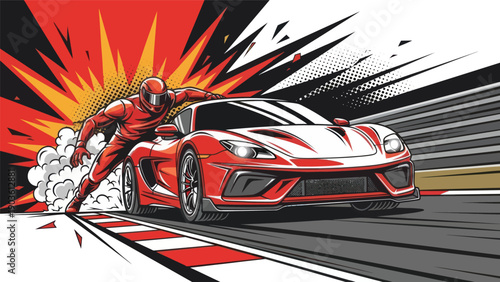 Racing car and driver vector illustration speed and motion concept