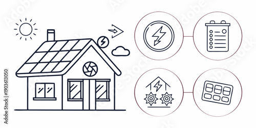 Illustration of a modern home with various smart home features and icons