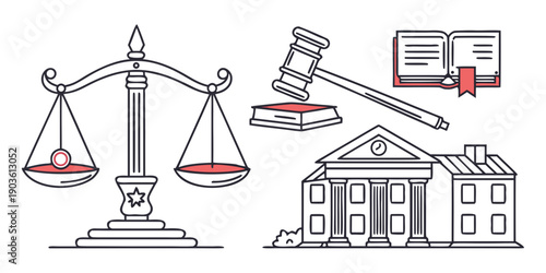 Illustration of legal symbols including a scale, gavel, book, and courthouse