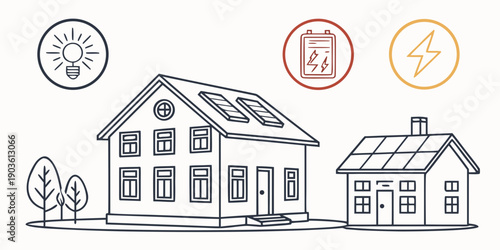 Two houses with solar panels and energy efficiency icons