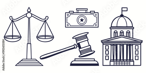 Illustration of legal and justice symbols including a gavel, scales, and a courthouse
