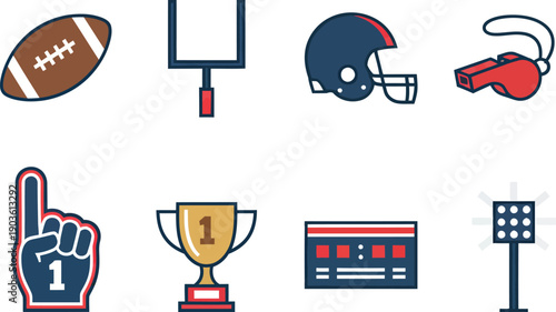 Collection of sports icons including football, helmet, whistle, glove, trophy, scoreboard, and stadium light representing various sports elements and achievements