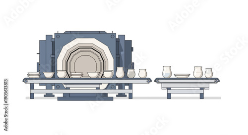 A minimalist illustration of a pottery kiln with ceramic vessels on display shelves.