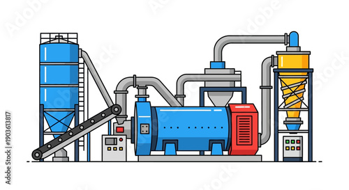 Illustration of an industrial processing plant with silos, conveyor belts, and machinery, representing manufacturing and production.
