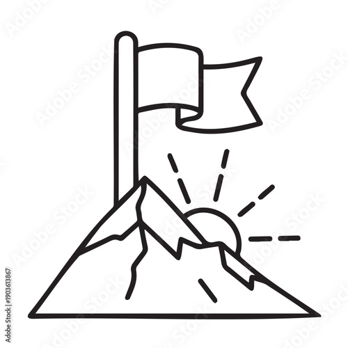 A simple black and white line drawing of a flag planted on a mountaintop