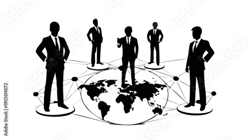 Black silhouette of several business people standing on different continents of a stylized globe, connected by thin digital lines, global communication concept.