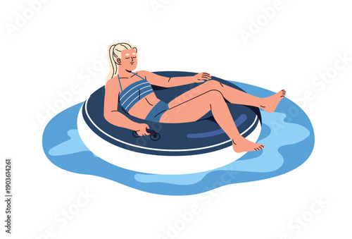 Girl in bikini is lying, sunbathing on inflatable circle on water in summer resort. Young woman relaxes floating on lifebuoy in swimming pool in aquapark. Flat isolated vector illustration on white.