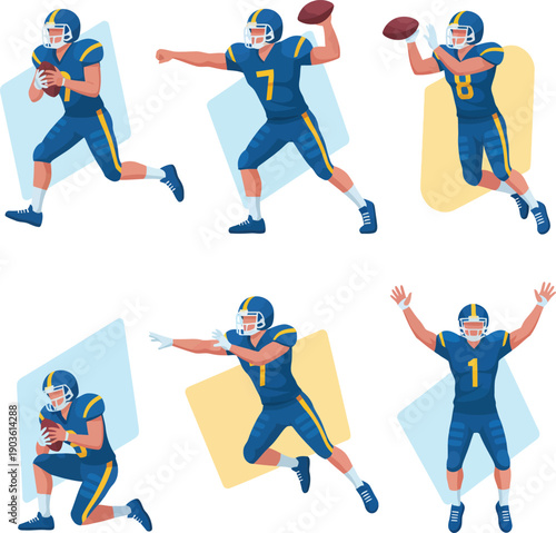 American football players in various dynamic poses showcasing athletic movements and teamwork on a clean white background from a straightforward viewpoint