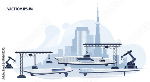 Modern industrial manufacturing facility with robotic arms assembling a futuristic watercraft against a cityscape backdrop.