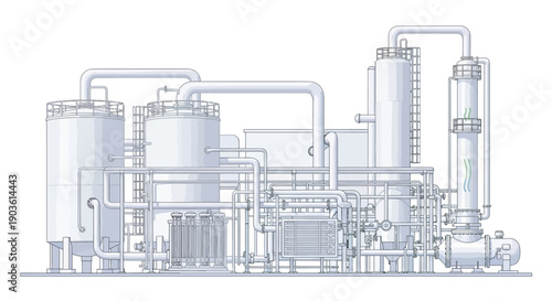 A detailed illustration of an industrial chemical processing plant with complex piping and multiple storage tanks.