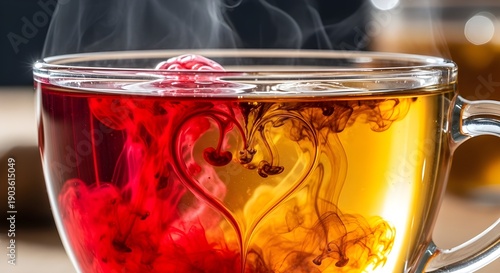 A Glass Cup of Steaming Tea Featuring Red and Amber Ink Swirling into a Perfect Heart Shape