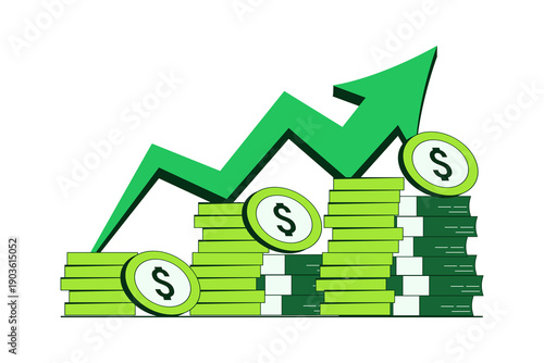 Economic growth with arrow in the pile money coins