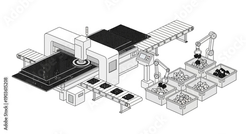Automated industrial system for processing and sorting materials using robotic arms and conveyor belts.