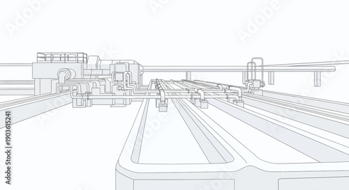 Wireframe illustration of an automated industrial manufacturing production line with robotic arms and conveyor belts.