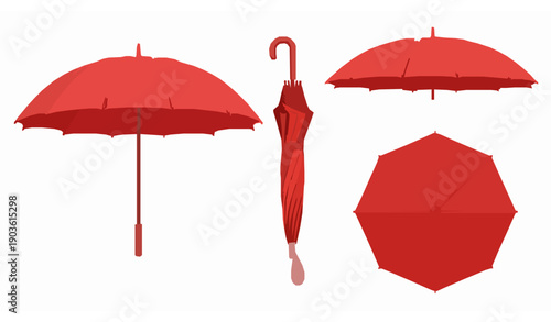 Red parasol umbrella realistic vector illustration from multiple views