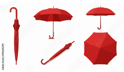 Red umbrella realistic vector icons set in different positions