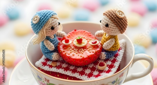 Miniature Amigurumi Couple Sharing a Heart-Shaped Strawberry Feast Inside a Floral Porcelain Cup