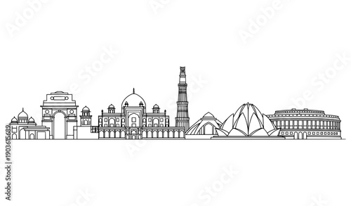 Minimal New Delhi monuments skyline outline vector on white background