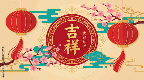 Festive Chinese New Year decorative design featuring red lanterns, blooming plum blossoms, and a gold circular emblem with the auspicious character for good fortune