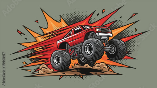 Red monster truck jumping with explosion graphic vector illustration